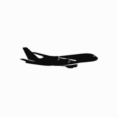 Black silhouette of a modern commercial passenger jet airplane flying, isolated on white. Aviation, travel, and transport vector illustration.