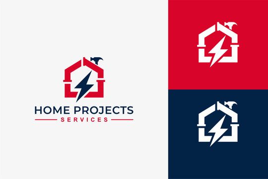 Professional home project services logo design featuring electric, garden, and renovation service elements in modern minimalist style
