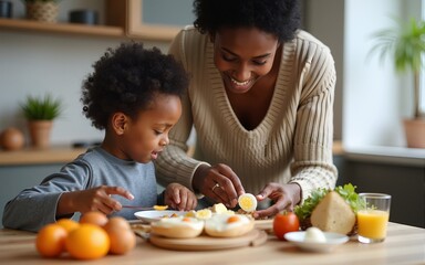 child family kitchen food boy son mother father breakfast preparing egg morning healthy diet eating home black african american father cooking, parent, cute, meal. High quality
