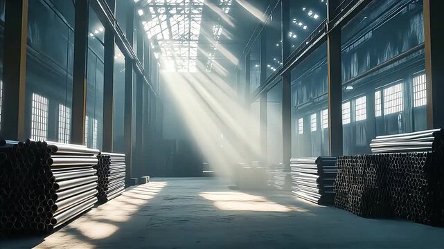 The iron warehouse is a vast space filled with stacks of steel beams, sheets, and various metal.