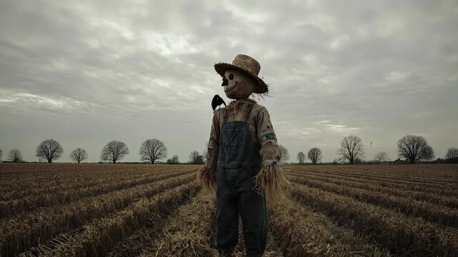 A scarecrow, with a crow perched on its shoulder, stands in a harvested field