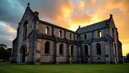 Naklejka premium Ancient stone church with imposing fortifications, weathered textures, and dramatic sky. An ancient stone church with imposing, weathered citadel walls and battlements, under a dramatic, cloudy sky.