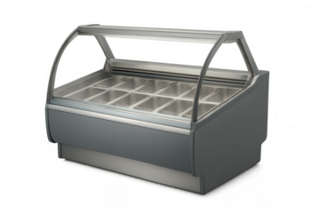 Empty commercial ice cream freezer display counter with stainless steel trays for gelato, isolated on transparent background