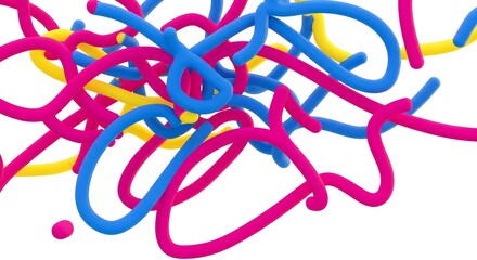 Abstract composition of swirling, tubular shapes in vibrant primary colors against white