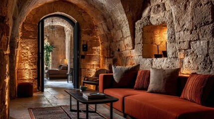 Bright boutique hotel room interior in Malta's Old Town with detailed stonework, cozy furnishings and natural daylight streaming through windows during October daytime