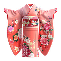 Ornate pink garment with floral patterns and obi is presented.