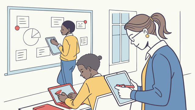 Interactive Digital Classroom: Teacher and Diverse Students Collaborating with Tablets and Whiteboard for Modern Education