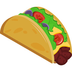 A pixel art taco filled with lettuce tomato onion cheese and meat on a transparent background