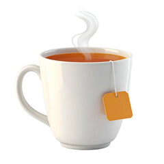 White mug with hot tea and steam, against a black background.