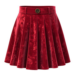 Red velvet pleated skirt with a buttoned belt detail.