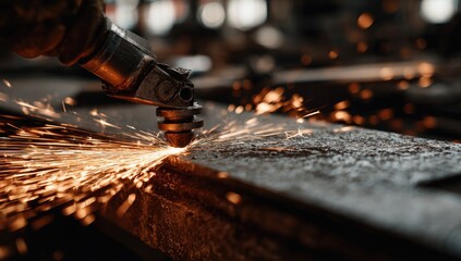 Metalwork, sparks fly as a cutting torch carves a dark metal beam