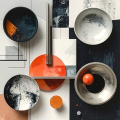 Abstract composition with circular elements, vibrant colors, lines, and geometric forms, creating a modern art piece