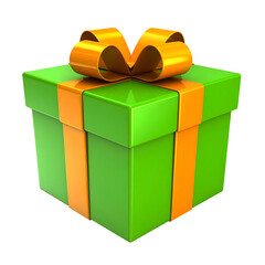 Green gift box with orange ribbon and bow on black background.