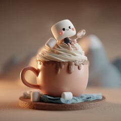 3D clay style hot chocolate cup with whipped cream and marshmallow character sitting on rim in cozy setup perfect for kids menu design restaurant cafe and playful children food concept illustration.