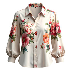 Cream blouse with bold floral print and puffy sleeves.
