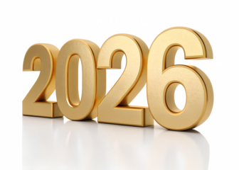 Golden 3d numbers spelling out the year 2026 on a reflective surface with a dark background