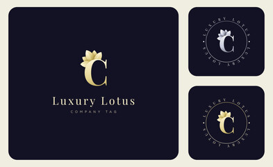 Logo Luxury Lotus Flower and  letter C, Minimalist Modern and Elegant with Gold and Silver Gradient Colourful.