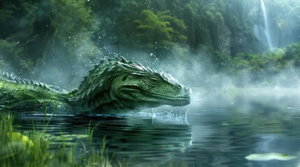 A mythical creature emerges from a misty lake surrounded by lush greenery and a cascading waterfall in the background