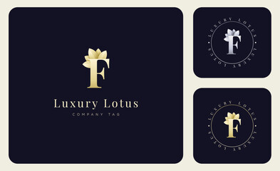 Logo Luxury Lotus Flower and  letter F, Minimalist Modern and Elegant with Gold and Silver Gradient Colourful.