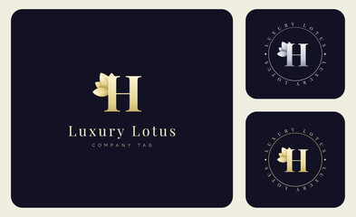 Logo Luxury Lotus Flower and  letter H, Minimalist Modern and Elegant with Gold and Silver Gradient Colourful.