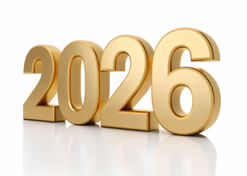 Golden 3d numbers spelling out the year 2026 on a reflective surface with a dark background