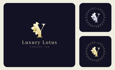 Logo Luxury Lotus Flower and  letter Y, Minimalist Modern and Elegant with Gold and Silver Gradient Colourful.