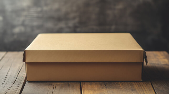 A simple, closed, brown cardboard box sits squarely in the center of an old, dark wooden table against blurred gray backdrop. - Powered by Adobe