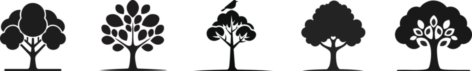 Fototapeta premium A series of stylized black silhouettes of various trees, each with unique foliage shapes, set against a white background.