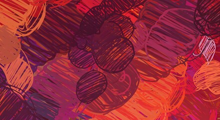 Abstract composition with layered, textured, circular shapes in shades of red, orange, and purple