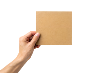 Hand holding a blank brown cardboard square card against a solid black background for copy space