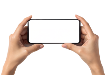 Hands holding a blank white credit card or business card horizontally against a black background for advertising