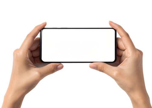 Hands holding a blank white credit card or business card horizontally against a black background for advertising