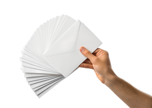 Hand holding a fanned stack of blank white envelopes against a stark black background for mailing or correspondence