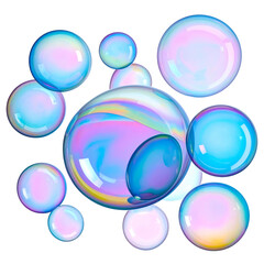 Iridescent soap bubbles float and gleam against a dark background.