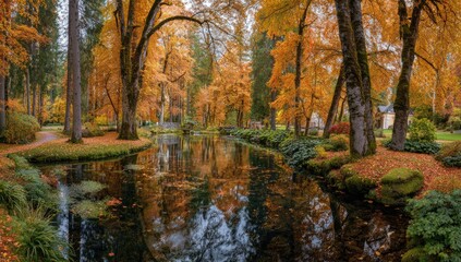 Fototapeta premium Autumnal park with a calm pond