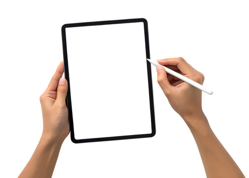 Close up of a person s hands holding a blank white screen tablet and using a stylus on a black background - Powered by Adobe