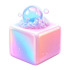 Glossy cube with pastel gradient and iridescent bubbles.