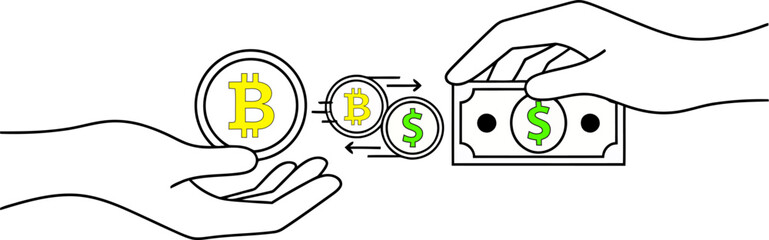 Hand to hand exchange of Bitcoin and Dollar money. Line art icon for crypto transaction, trading, and P2P payment