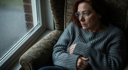 Naklejka premium Sad woman with auburn hair and glasses sitting by a rainy window, feeling lonely and depressed