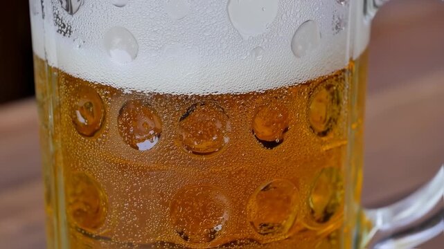 Close-up of a full beer mug, foamy top, and wet, textured glass