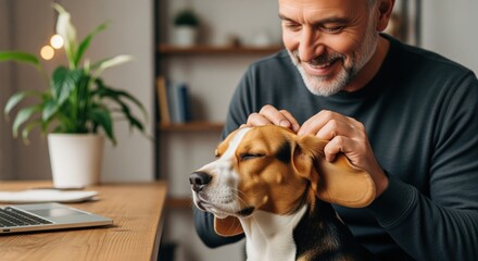 Smiling mid aged man gently petting his tri color beagle dog ears at home.