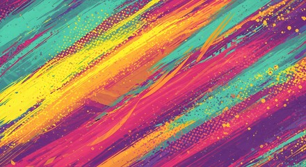 Abstract composition with vibrant, diagonal brushstrokes, textured with halftone dots