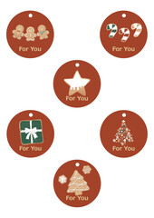 Classic Christmas Round Gift Tag Set with &lsquo;For You&rsquo; Text (6 Designs, Dark Red Background, Icing Cookie Style)