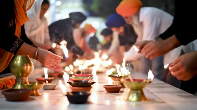 Devotees lighting traditional oil lamps during a religious festival, symbolizing hope and spiritual enlightenment.