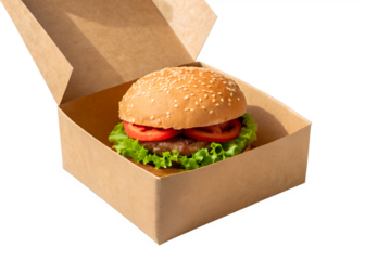 Delicious fresh hamburger with lettuce and tomato served in an open cardboard takeaway box against a black background