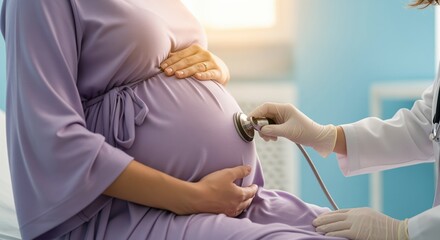 Pregnant woman receiving prenatal check up from doctor with stethoscope