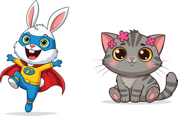 Cute superhero bunny and adorable gray kitten with flowers, funny animal friends, cartoon style vector illustration, white background, happy mood