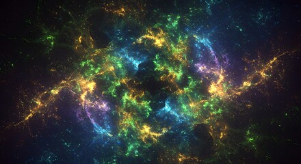 Abstract, cosmic artwork featuring swirling nebulae of vibrant blues, greens, yellows, and purples