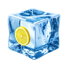 Lemon slice frozen in ice cube with frosty edges.