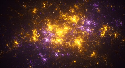 Abstract cosmic artwork with golden and purple nebulous light formations in a dark space